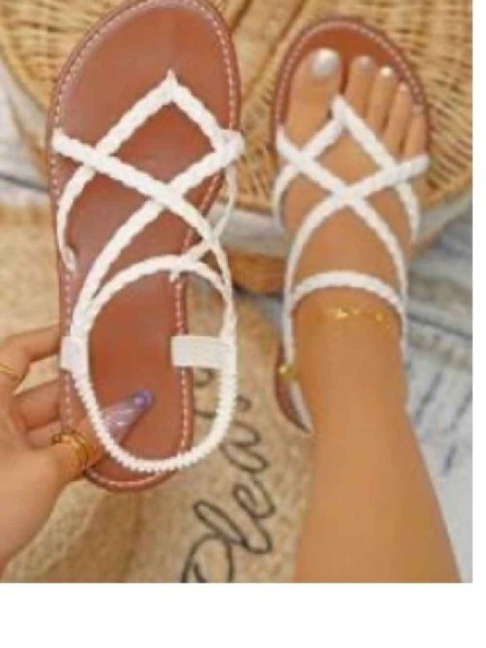 Women’s White Braided Strap Flat Sandals